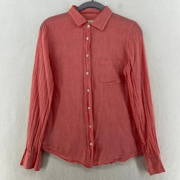 J.Crew Shirt Women's Sz 2 Red Button-Up Collared Chest Pocket Regular Curved Hem - Picture 1 of 11